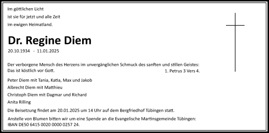 Traueranzeige von Regine Diem von Schwäbische Tagblatt