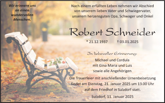 Traueranzeige von Robert Schneider von Haller Tagblatt