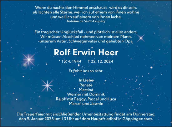 Traueranzeige von Rolf Erwin Heer von NWZ Neue Württembergische Zeitung