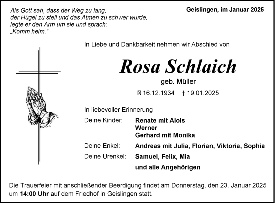 Traueranzeige von Rosa Schlaich von SÜDWEST PRESSE Zollernalbkreis/Hohenzollerische Zeitung
