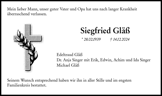 Traueranzeige von Siegfried Gläß von Hohenloher Tagblatt