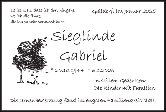 Traueranzeige von Sieglinde Gabriel von Rundschau Gaildorf