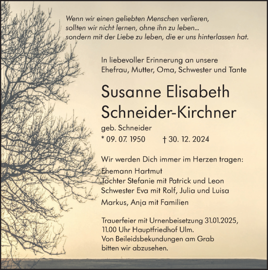 Traueranzeige von Susanne Elisabeth Schneider-Kirchner von SÜDWEST PRESSE Ausgabe Ulm/Neu-Ulm