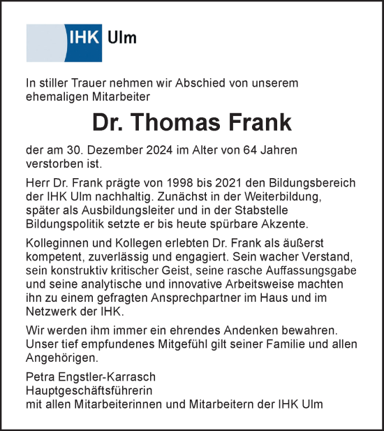 Traueranzeige von Thomas Frank von SÜDWEST PRESSE Ausgabe Ulm/Neu-Ulm