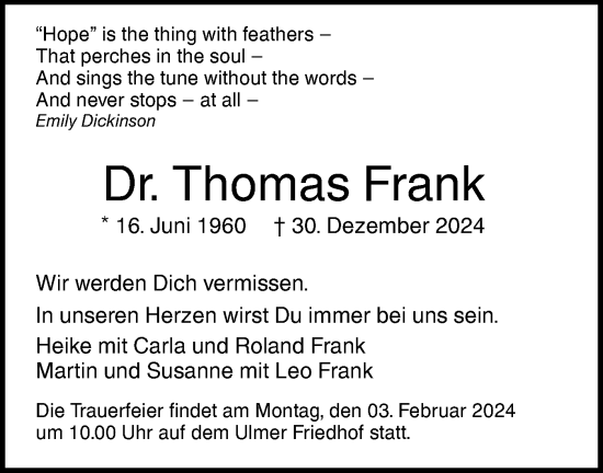 Traueranzeige von Thomas Frank von SÜDWEST PRESSE Ausgabe Ulm/Neu-Ulm