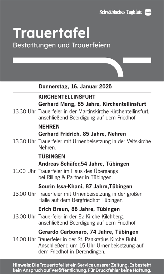 Traueranzeige von Trauertafel  von Schwäbische Tagblatt