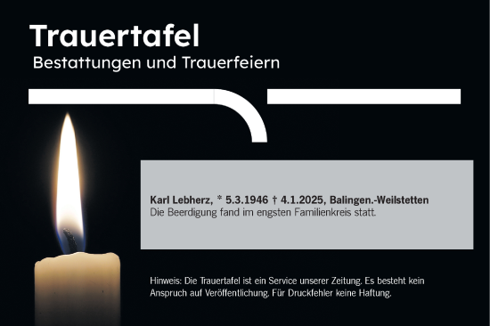 Traueranzeige von Trauertafel  von SÜDWEST PRESSE Zollernalbkreis/Hohenzollerische Zeitung