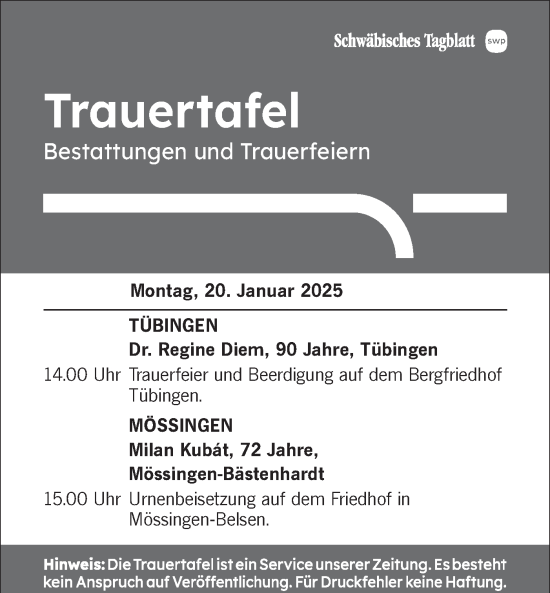 Traueranzeige von Trauertafel  von Schwäbische Tagblatt