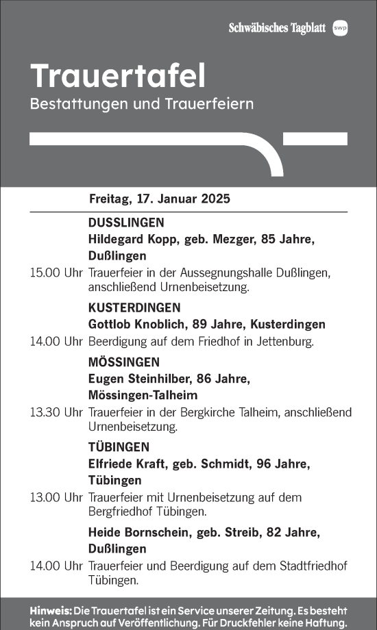 Traueranzeige von Trauertafel  von Schwäbische Tagblatt