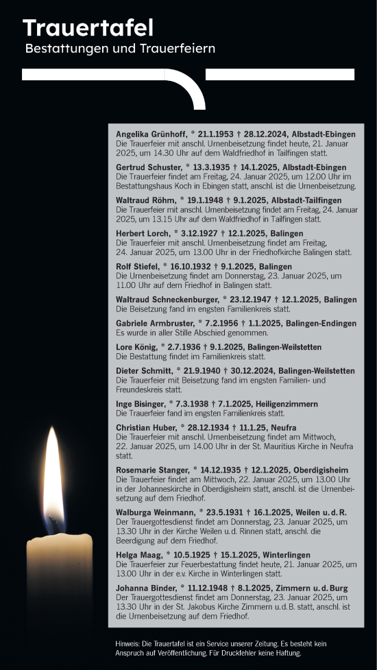 Traueranzeige von Trauertafel vom 21.01.2025 von SÜDWEST PRESSE Zollernalbkreis/Hohenzollerische Zeitung