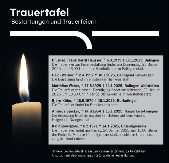 Traueranzeige von Trauertafel vom 22.01.2025 von SÜDWEST PRESSE Zollernalbkreis/Hohenzollerische Zeitung