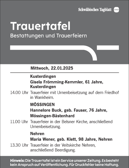 Traueranzeige von Trauertafel vom 22.01.2025 von Schwäbische Tagblatt