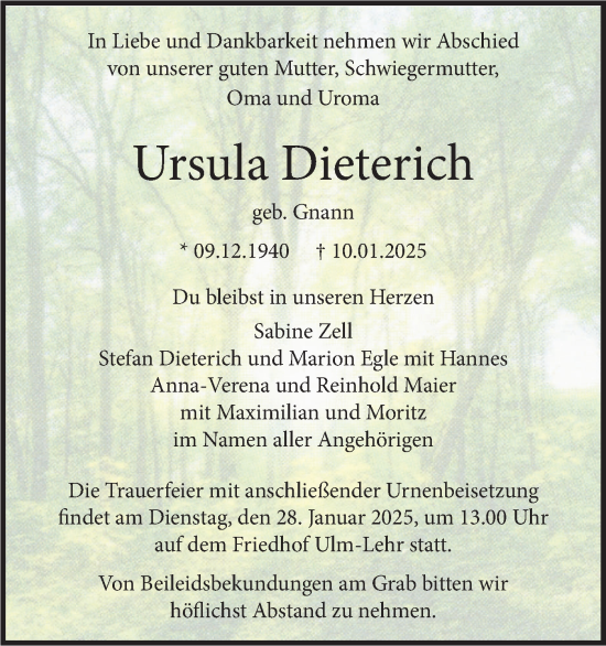 Traueranzeige von Ursula Dieterich von SÜDWEST PRESSE Ausgabe Ulm/Neu-Ulm