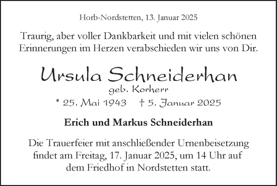 Traueranzeige von Ursula Schneiderhan von Neckar-Chronik