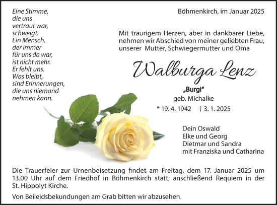 Traueranzeige von Walburga Lenz von Geislinger Zeitung