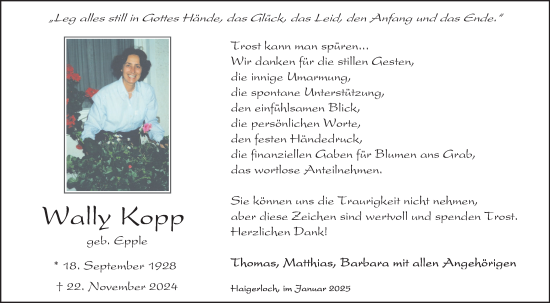 Traueranzeige von Wally Kopp von SÜDWEST PRESSE Zollernalbkreis/Hohenzollerische Zeitung