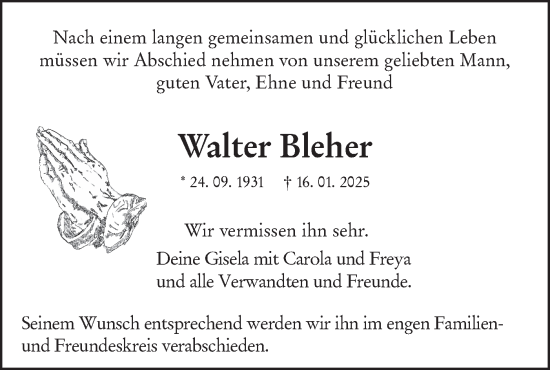 Traueranzeige von Walter Bleher von NWZ Neue Württembergische Zeitung