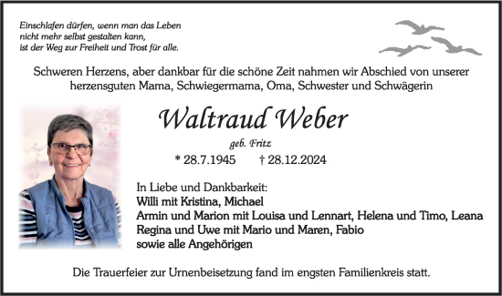 Traueranzeige von Waltraud Weber von Rundschau Gaildorf
