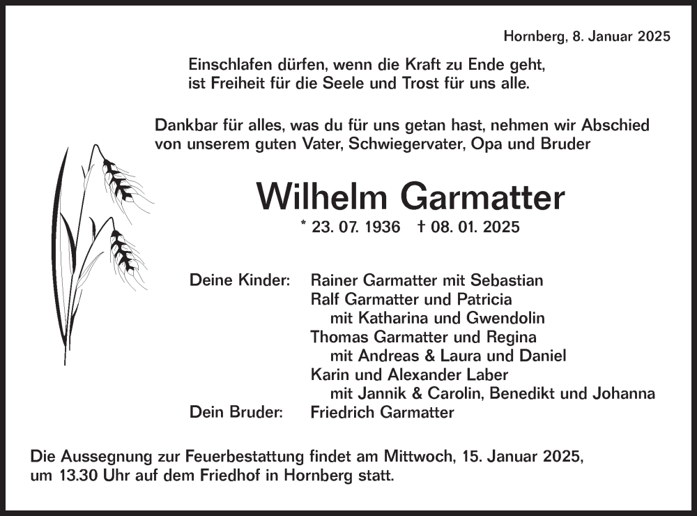  Traueranzeige für Wilhelm Garmatter vom 11.01.2025 aus Hohenloher Tagblatt
