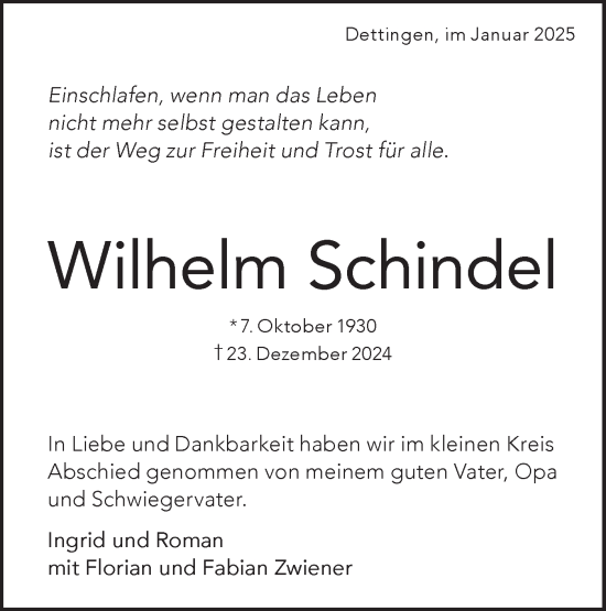 Traueranzeige von Wilhelm Schindel von Alb-Bote/Metzinger-Uracher Volksblatt