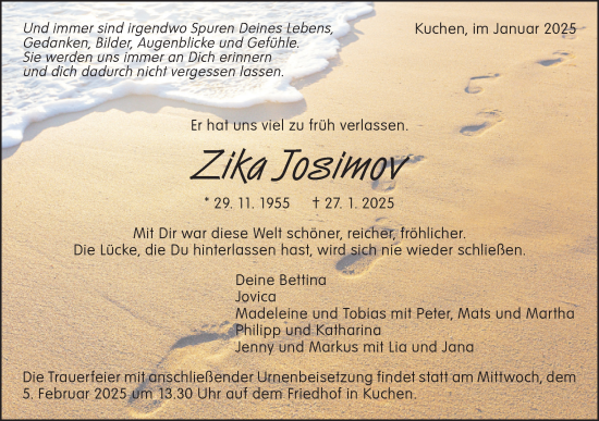 Traueranzeige von Zika Josimov von Geislinger Zeitung
