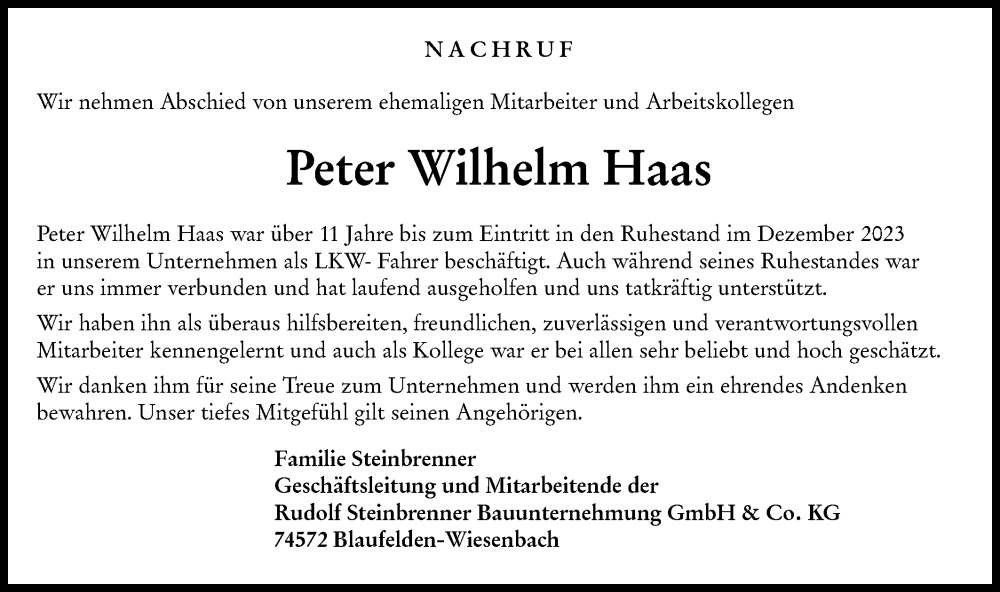  Traueranzeige für Peter Wilhelm Haas vom 30.10.2025 aus Hohenloher Tagblatt