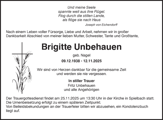 Traueranzeige von Brigitte Unbehauen von Hohenloher Tagblatt