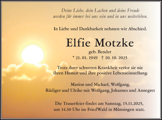 Traueranzeige von Elfie Motzke von Alb-Bote/Metzinger-Uracher Volksblatt