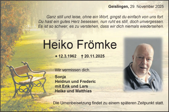 Traueranzeige von Heiko Frömke von SÜDWEST PRESSE Zollernalbkreis/Hohenzollerische Zeitung