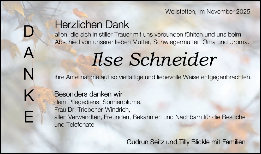  Traueranzeige für Ilse Schneider vom 15.11.2025 aus SÜDWEST PRESSE Zollernalbkreis/Hohenzollerische Zeitung