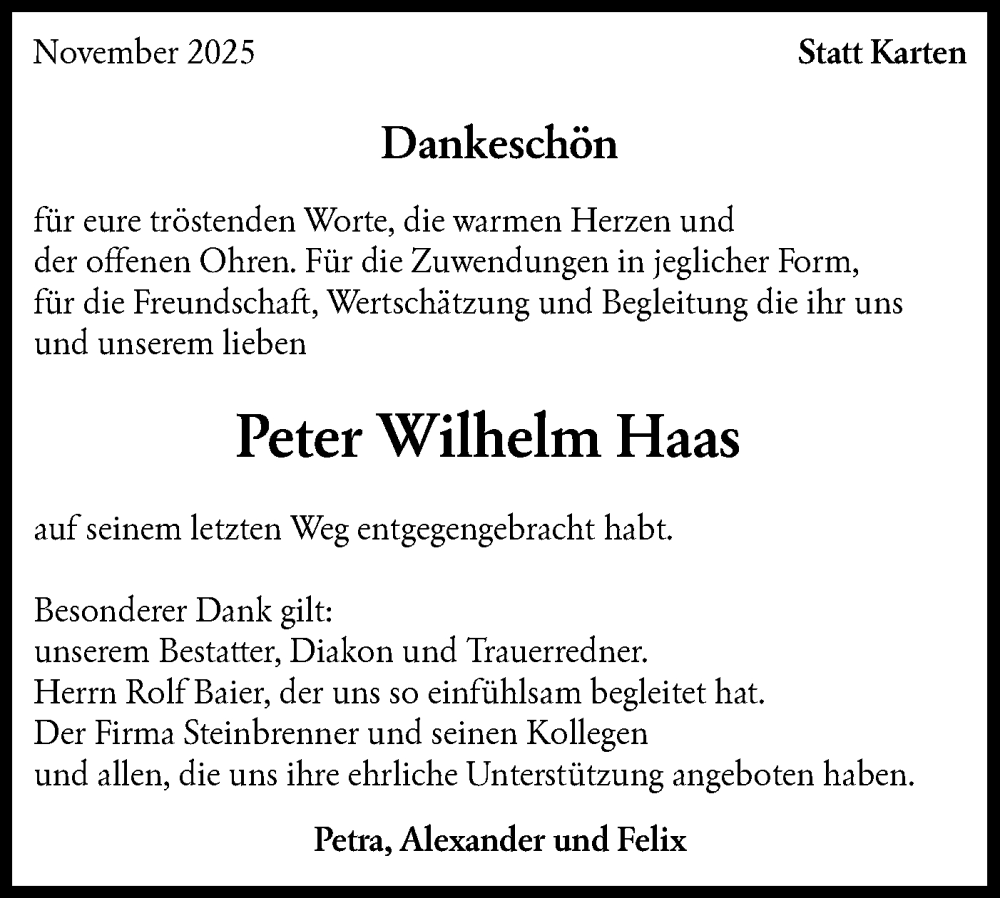  Traueranzeige für Peter Wilhelm Haas vom 28.11.2025 aus Hohenloher Tagblatt