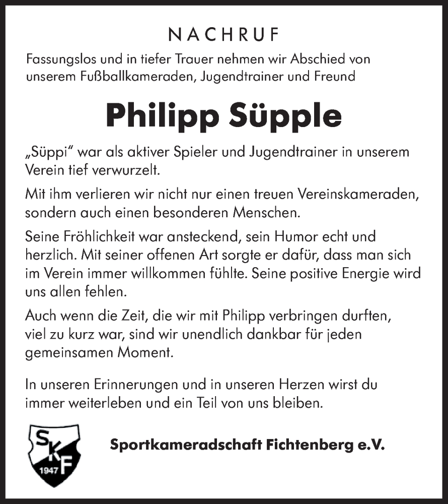  Traueranzeige für Philipp Süpple vom 15.11.2025 aus Rundschau Gaildorf
