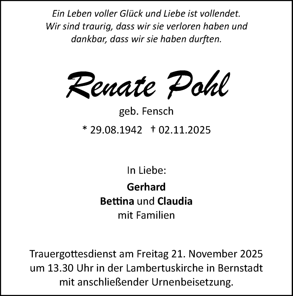  Traueranzeige für Renate Pohl vom 15.11.2025 aus SÜDWEST PRESSE Ausgabe Ulm/Neu-Ulm