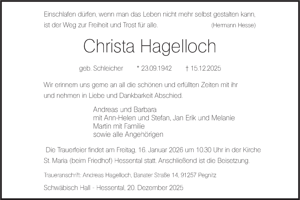  Traueranzeige für Christa Hagelloch vom 20.12.2025 aus Haller Tagblatt