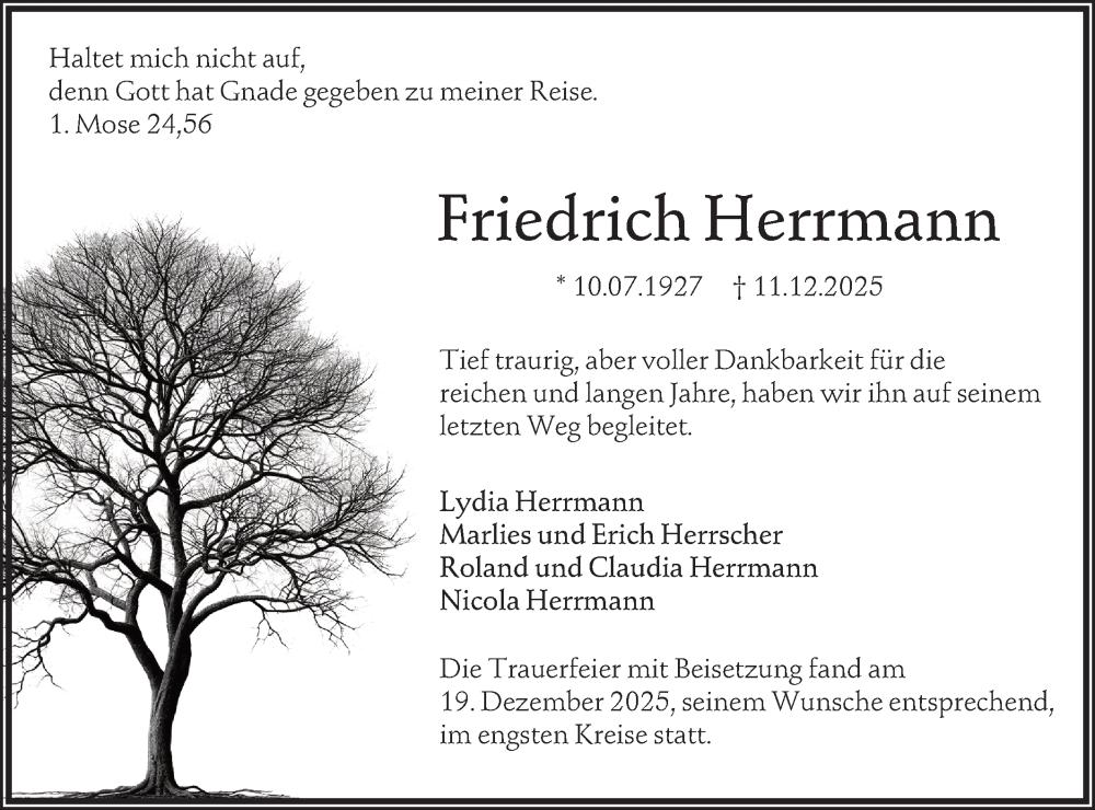  Traueranzeige für Friedrich Herrmann vom 20.12.2025 aus Hohenloher Tagblatt
