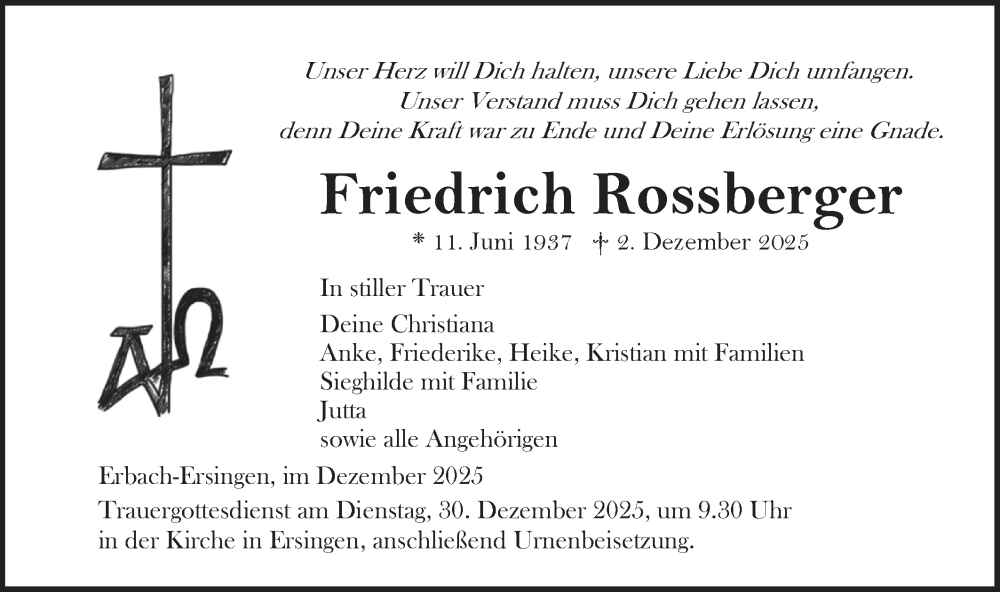  Traueranzeige für Friedrich Rossberger vom 27.12.2025 aus Ehinger Tagblatt