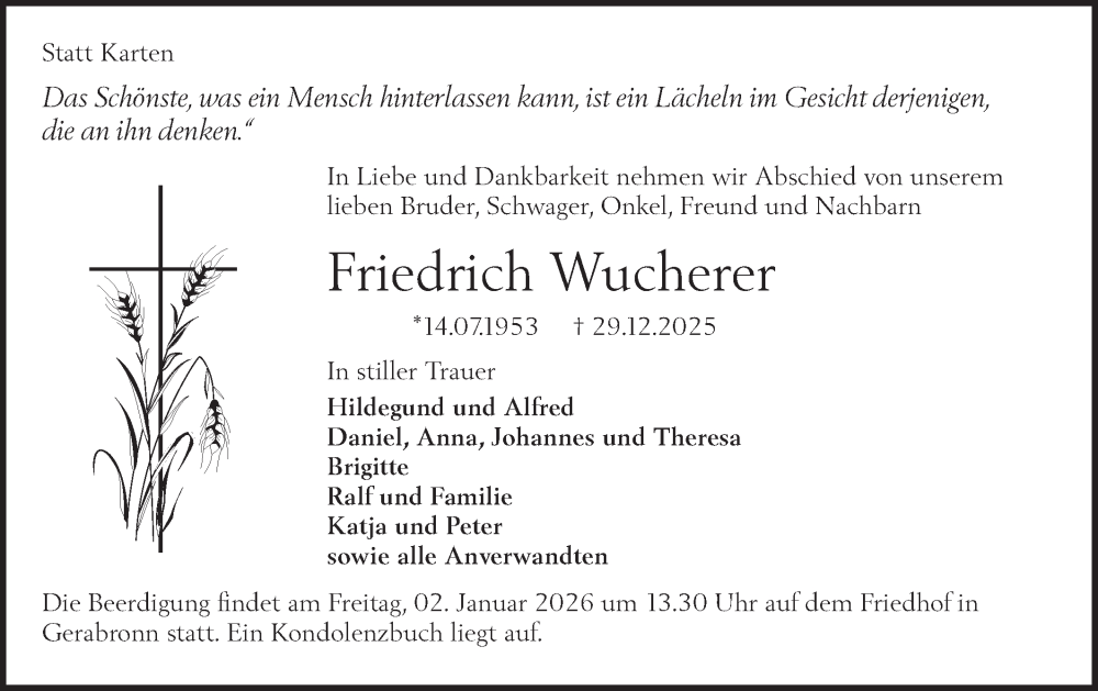 Traueranzeige für Friedrich Wucherer vom 31.12.2025 aus Hohenloher Tagblatt