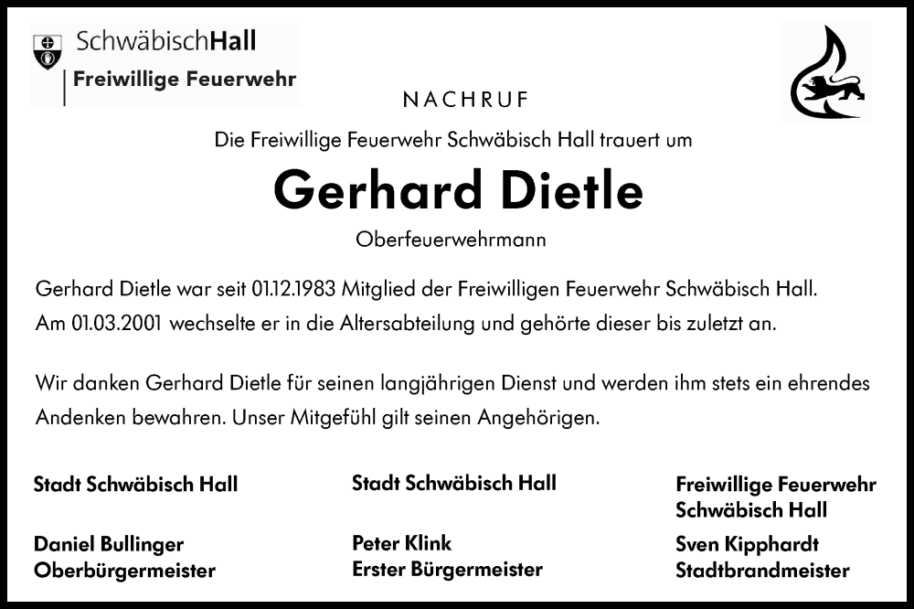  Traueranzeige für Gerhard Dietle vom 30.12.2025 aus Haller Tagblatt