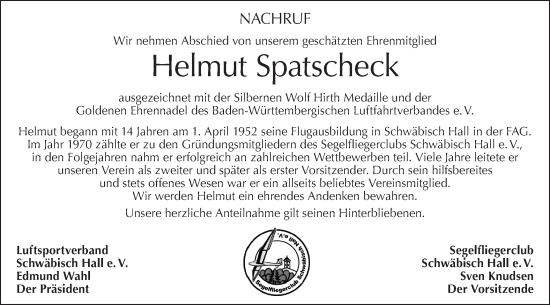 Traueranzeige von Helmut Spatscheck von Haller Tagblatt