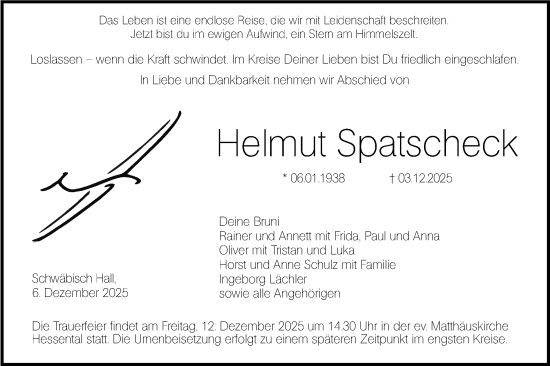 Traueranzeige von Helmut Spatscheck von Haller Tagblatt