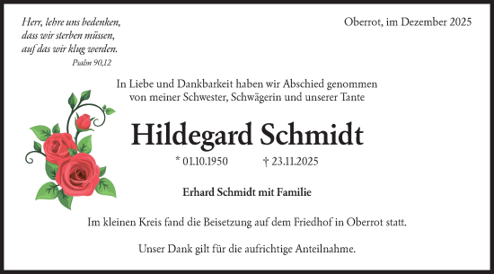 Traueranzeige von Hildegard Schmidt von Rundschau Gaildorf