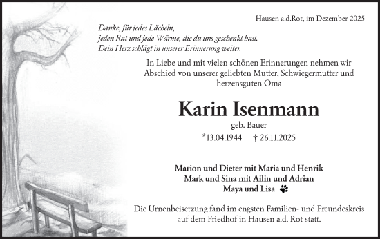 Traueranzeige von Karin Isenmann von Rundschau Gaildorf