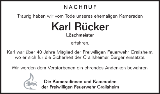 Traueranzeige von Karl Rücker von Hohenloher Tagblatt
