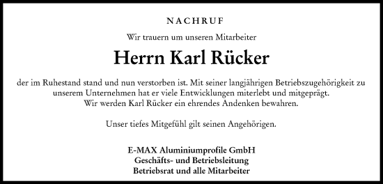 Traueranzeige von Karl Rücker von Hohenloher Tagblatt