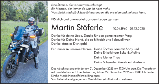 Traueranzeige von Martin Stöferle von SÜDWEST PRESSE Ausgabe Ulm/Neu-Ulm/SÜDWEST PRESSE Ausgabe Ulm/Neu-Ulm
