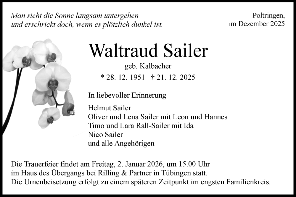  Traueranzeige für Waltraud Sailer vom 30.12.2025 aus Schwäbische Tagblatt