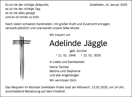 Traueranzeige von Adelinde Jäggle von Alb-Bote/Metzinger-Uracher Volksblatt