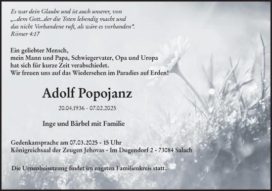 Traueranzeige von Adolf Popojanz von NWZ Neue Württembergische Zeitung
