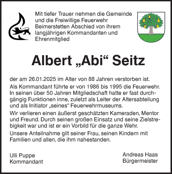 Traueranzeige von Albert Seitz von SÜDWEST PRESSE Ausgabe Ulm/Neu-Ulm