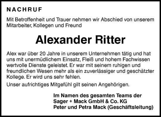 Traueranzeige von Alexander Ritter von Hohenloher Tagblatt/Haller Tagblatt